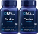 Extensión de la vida Taurina, Suplemento Aminoácido Puro Taurino, Corazón, Salud del hígado y del cerebro, Longevidad, músculo y ejercicio, dosis de 1000 mg, No GMO, Libre de gluten - Dos paquete - 90 cápsulas vegetarianas x 2