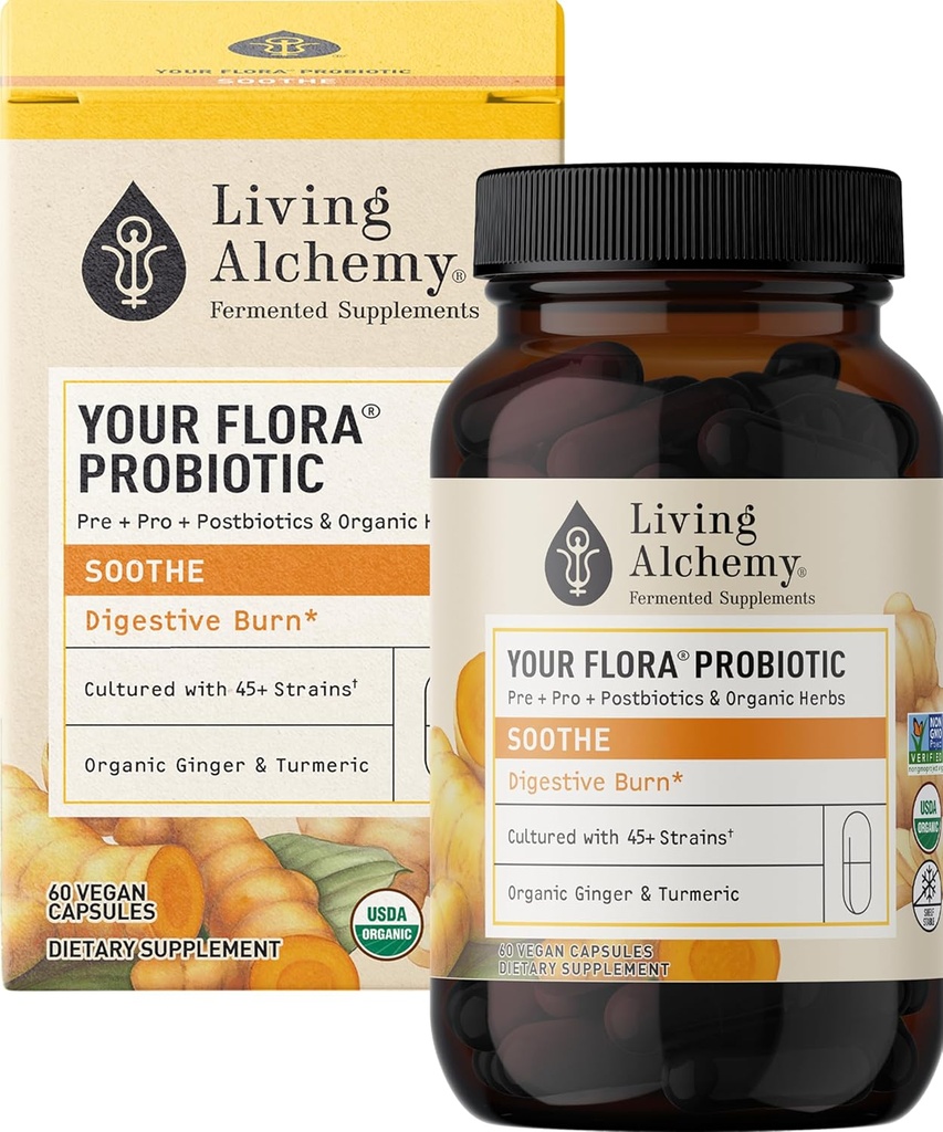 Your Flora Probiotic Soothe – Non-GMO Probiotics with Fermented Soybean, Ginger, & Turmeric for Gut Balance, Digestion, & Support – Prebiotics, Postbiotics, Digestive Enzymes – Living Alchemy, 60 Pcs