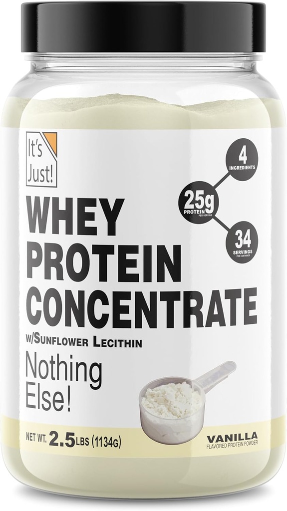 ¡Es sólo! - 100% Whey Protein Concentrate, Made in USA, Premium WPC-80, Natural Vanilla Flavor (2.5 libras, Vainilla)