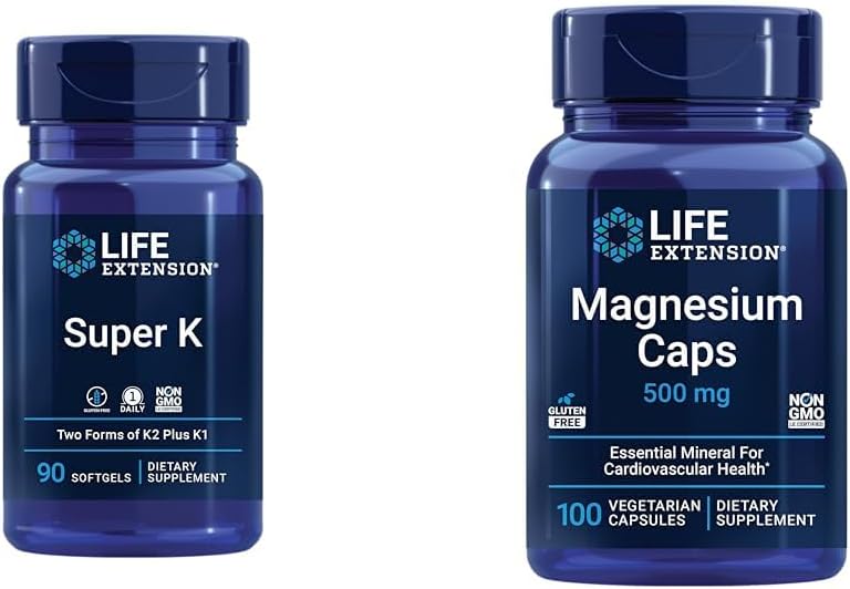 Life Extension Super K Vitamin K1, K2 MK-7, MK-4, Vitamin C and Magnesium Capsules 500mg, Heart, Bone, Arterial Health