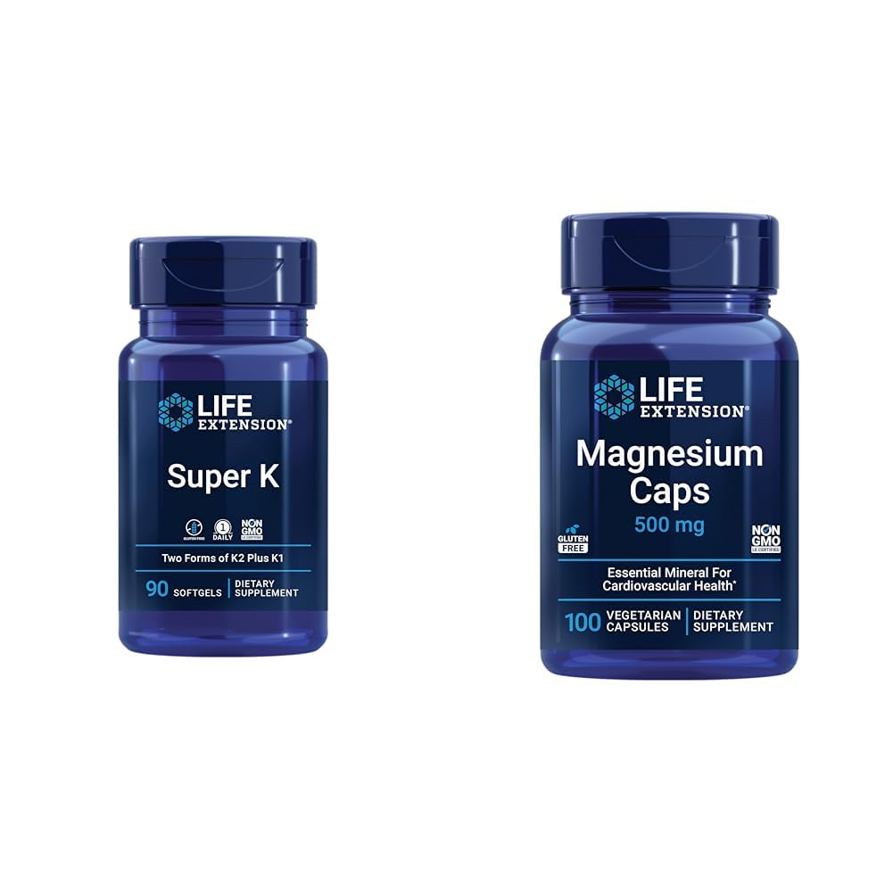 Super K Vitamina K1, K2 MK-7, MK-4, Vitamina C y Magnesio cápsulas 500 mg, Corazón, Hueso, Salud Arterial