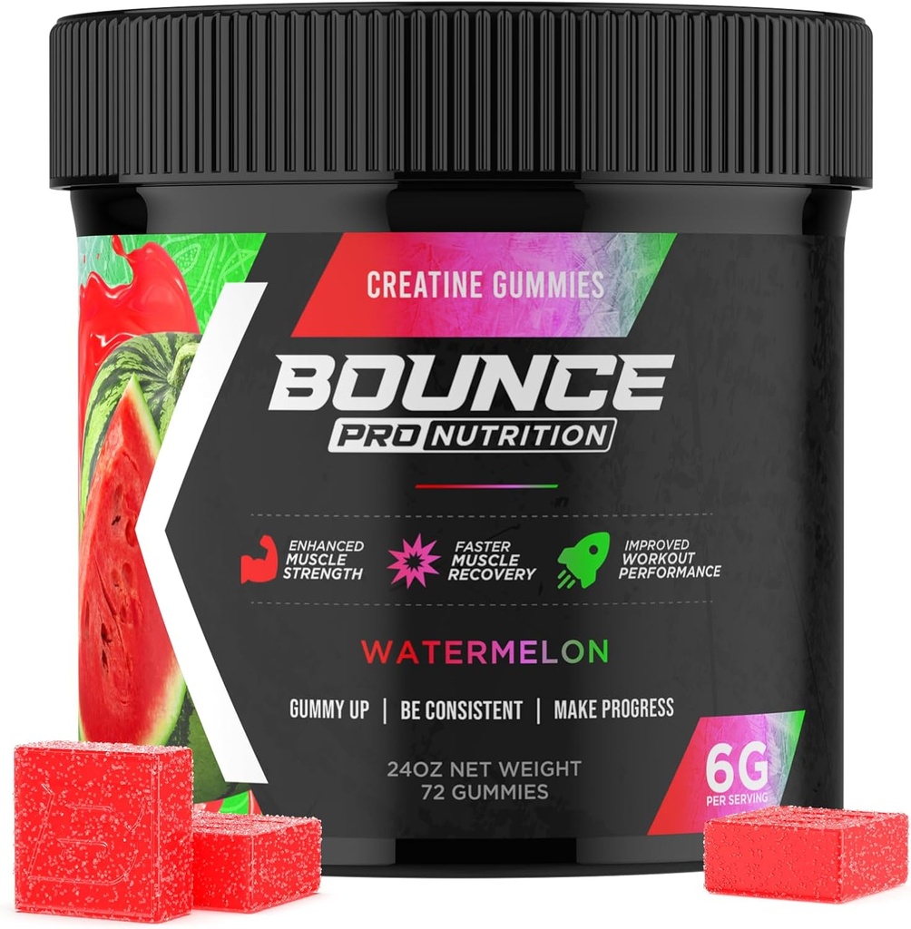 Bounce Pro Creatine Monohydrate Gummies for Men &amp; Women, Low Calorie, 6G de Creatine per Serving, Vegan, Anti-Melting, Gluten-Free, Non-GMO, 2g de Creatine per Gummy (72ct, Watermelon)