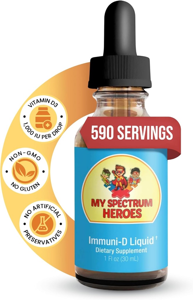 My Spectrum Heroes - Immuni-D Liquid Vitamin D3 Supplement, 1000 IU Por Serving, Gluten-Free, Tasteless Vitamin Liquid, Aids in Mineral Absorption for Kids &amp; Adult - 1 FI oz (30 mL)