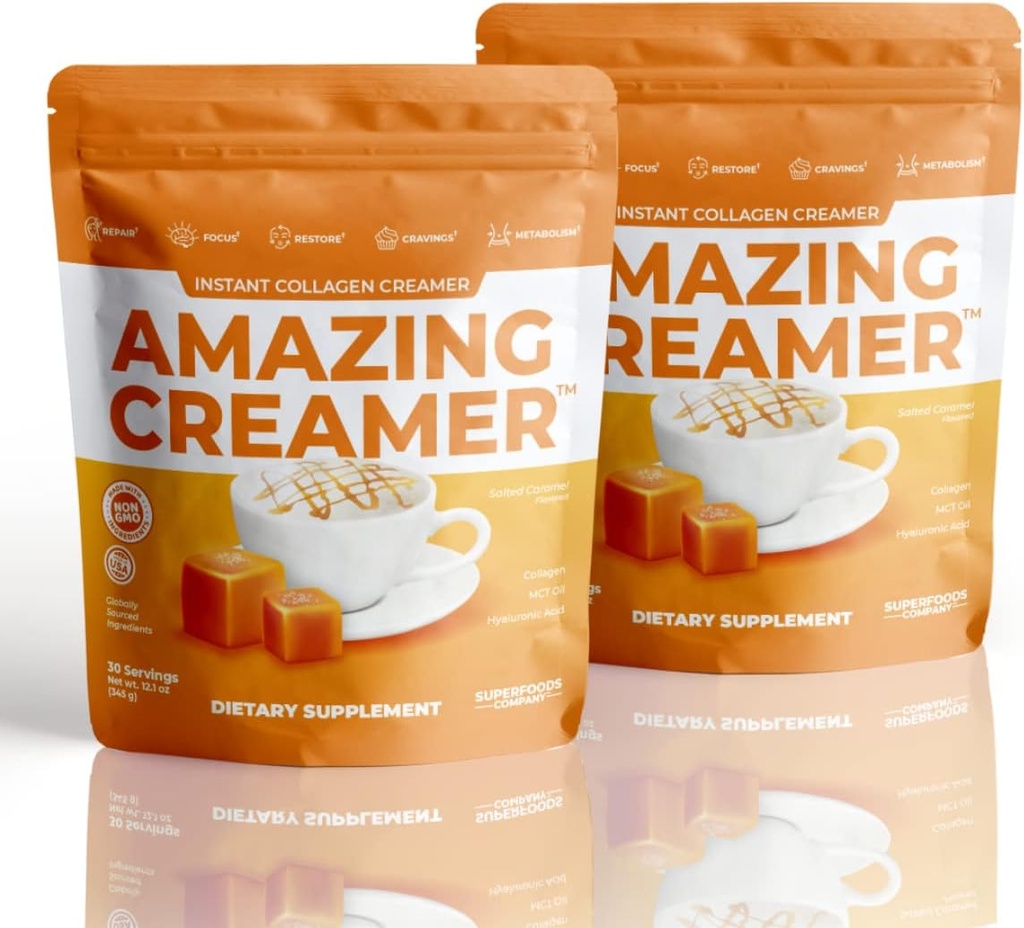 Superfoods Company Amazing Creamer with Collagen - Keto Creamer-Hyaluronic Acid &amp; MCT Oil - Brain Boost &amp; Curbs Cravings - Supports Healthy Skin & Hair - Diet-Friendly [60 Servings] [Salted Caramel]