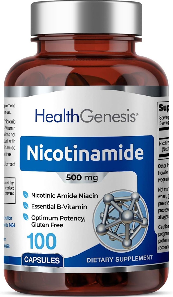 B-3 Nicotinamida 500 mg 100 cápsulas - Niacina Niacina libre de fluido natural Fórmula - Apoyo a la salud celular de la piel
