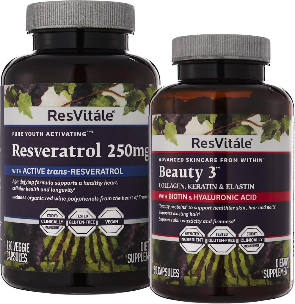 ResVitale Beauty 3 - Suplemento de cuidado de la piel con Collagen, Keratin & Elastin - 90 cápsulas " Resveratrol 250 mg - Resveratrol Suplemento para hombres y mujeres - 120 cápsulas vegetarianas