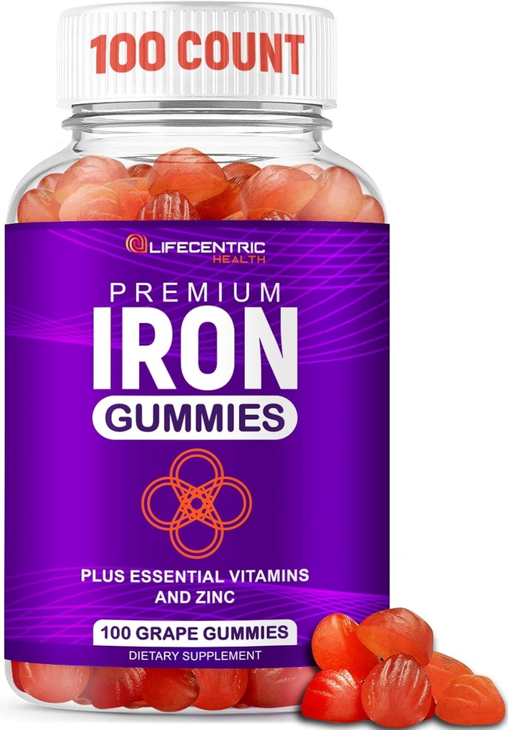 LifeCentricHealth Iron Gummies for Adults & Kids | Biotin Zinc Vitamin B Folic Acid Gummies | Vegan Gluten Free for Women & Men