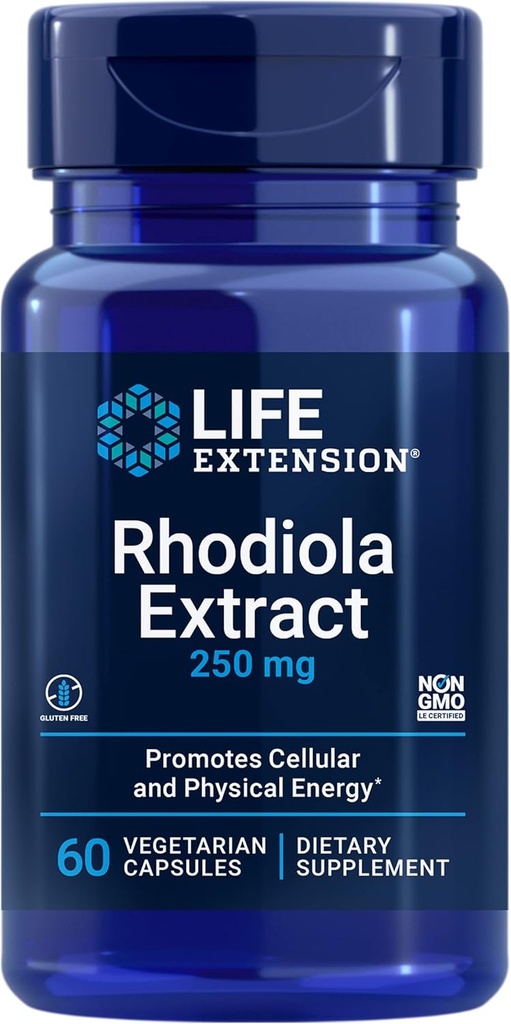 Extracto de Rhodiola, Suplemento Rhodiola rosea, Resumen estandarizado, promueve el rendimiento físico y mental, libre de gluten, no GMO, vegetariano, 250 mg, 60 cápsulas