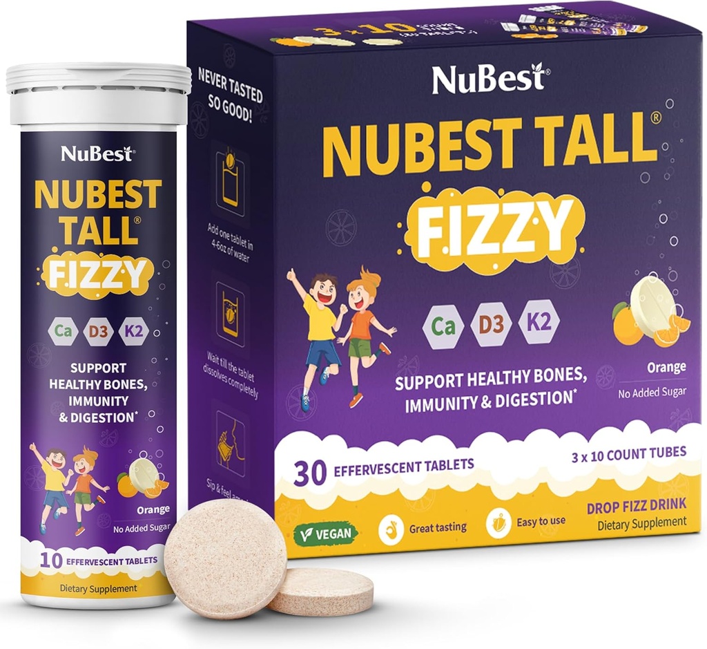 NuBest Tall Fizzy - Bone Strength, Inmunity, Digestive Health for Kids Age 4+ " Adolescents ← Probiotic, Calcium, Magnesium from Red Marine Algae, Vitaminas latitud 30 Orange Effervescent Tablets  Pack 3