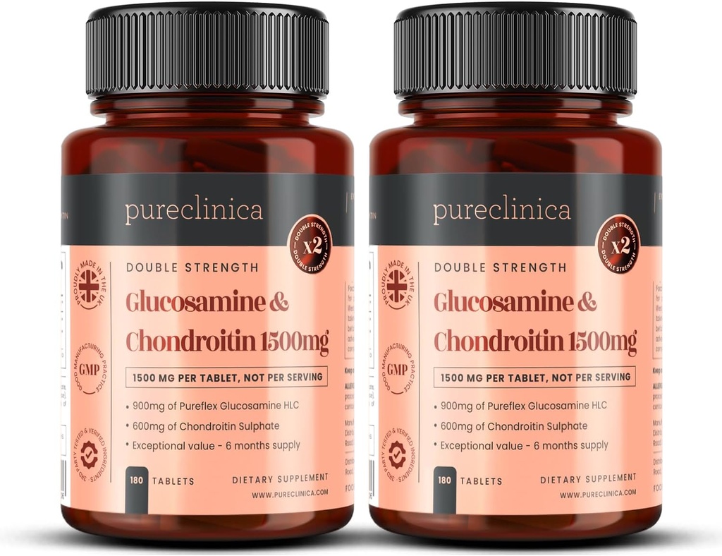 pureclinica 1500mg Glucosamine HLC y Condroitina x 360 Tablets (2 Botellas de 180) - 12 Meses de suministro. El más eficaz y bio activo: Condroitina 90%, Glucosamina HCL 83,1%
