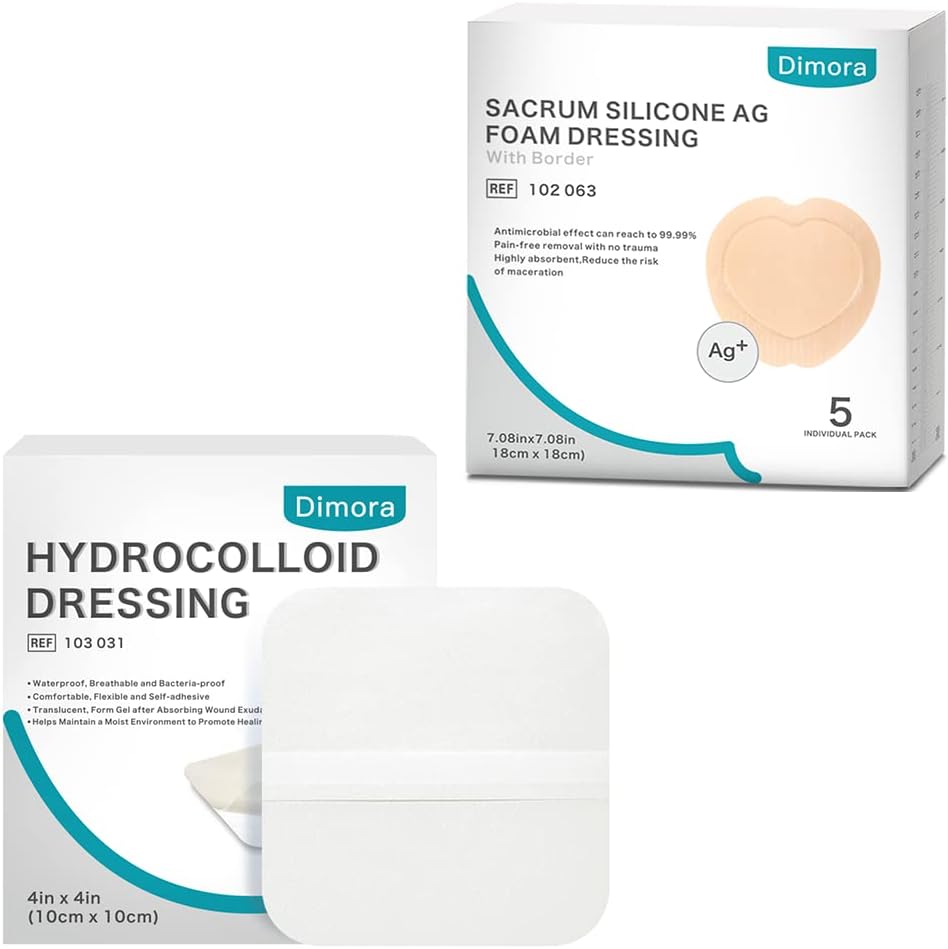 Hidrocolloide Wound Dressing, 10 Pack Ultra Thin 4" x 4" + Ag Silver Sacrum Foam Wound Dressing Bandages Silicone Adhesive Border 7"x7"