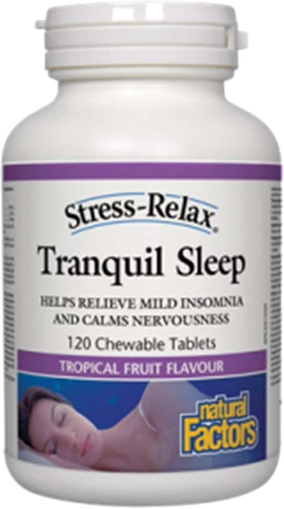 Stress-Relax Chewable Tranquil sueño por factores naturales, suplemento de sueño, sabor de frutas tropicales, 60 tabletas