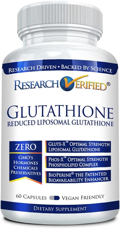 Investigación Verified® Glutathione - Liposomal Glutathione 500 mg con Complejo fosfolípido, Vitamina C, Bioperine® - 60 cápsulas - 1 botella