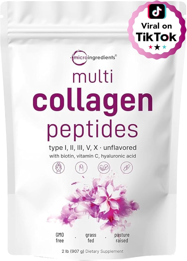 Micro Ingredientes Péptidos multi colágeno Polvo, 2lb TENIDO Tipo I, II, III, V, X + Biotina, Vitamina C & ácido hialurónico TENIDO Desarrollado TENIDO Apoyo Pelo, Esquía &amp; Salud Conjunta TENIDO Keto, No GMO