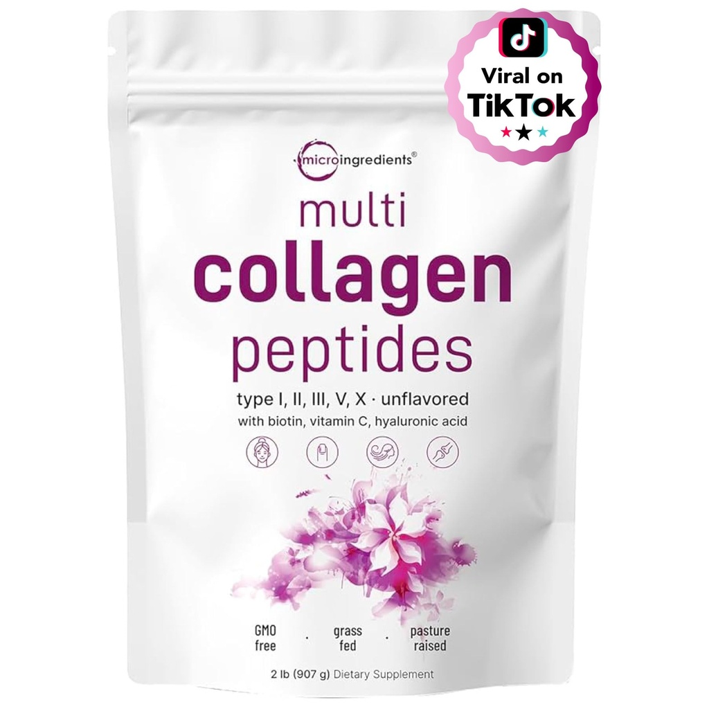 Micro Ingredients Multi Collagen Peptides Powder, 2lb – Hydrolyzed Type I,II,III,V,X with Biotin, Hyaluronic Acid, Vitamin C – Unflavored Collagen for Women & Men, Easy Dissolve, 82 Servings