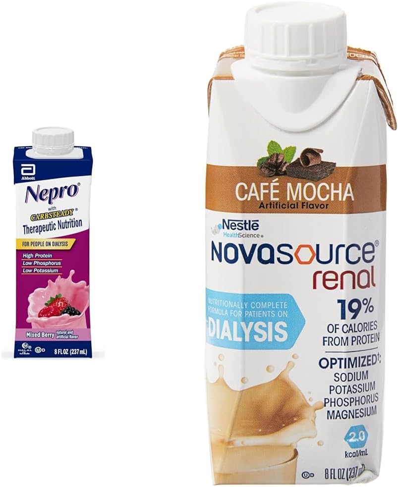 Agitación Nutricional Nepro para Pacientes con Proteína de 19g, 420 Calories, Berry mixto, 24 Conde y NOVASOURCE Fórmula Renal para Dialisis Pacientes con 475 Calories, 22g Protein, Mocha, 24 Conde