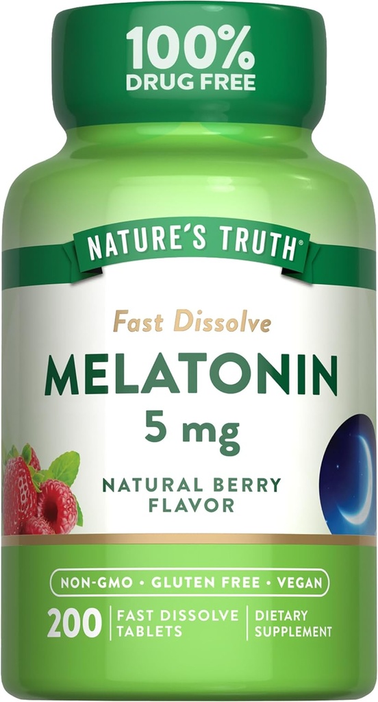 La verdad de la naturaleza Melatonin 5mg Tablas rápidas de disuelve Silencio 200 Conde viv Natural Berry Flavor ← Vegan, No Gluten Suplemento Gratis