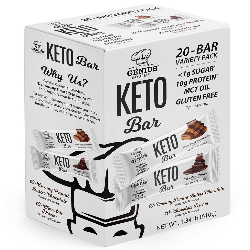 Genius Gourmet Gluten Free Keto Protein Bar, Chocolate Keto Bares, Premium MCTs, Low Carb, Low Sugar (Variety Pack, 20 Conde (Pack of 1))
