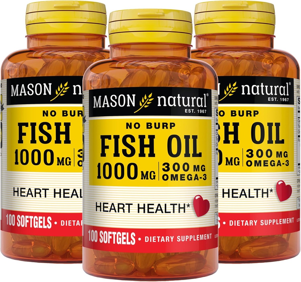 Masón Natural No Burp Fish Oil 1000 mg Omega,3 300 mg, soporta la salud normal del corazón, 100 Softgels (Pack of 3)