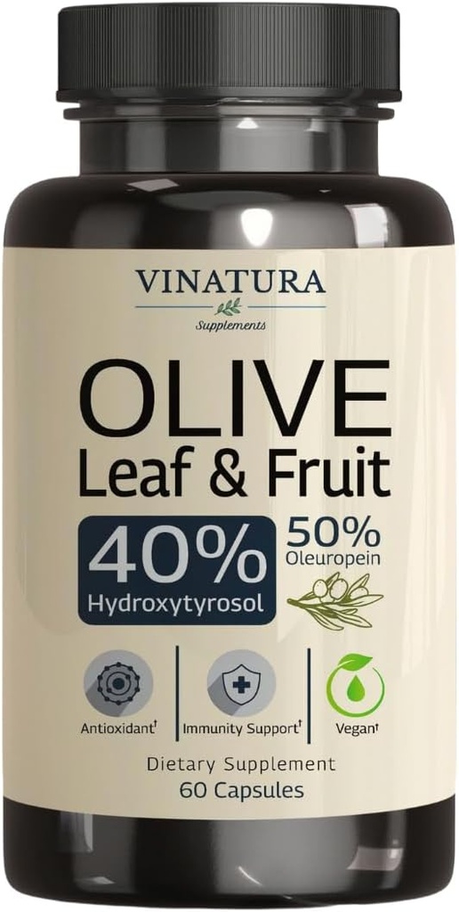 VINATURA Hydroxytyrosol Suplemento, Oliva Leaf Extracto - 40% Hydroxytyrosol Olive Fruit Extract, 50% Oleuropein Olive Leaf Extract Capsules - 60 cápsulas