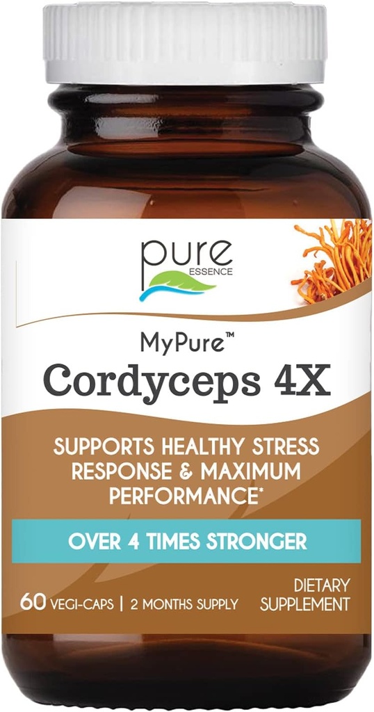 PURE ESSENCE LABS MyPure Cordyceps 4X Mushrooms - Cordyceps concentrados Mushroom Powder Suplementos para el sistema inmunológico, respuesta al estrés, rendimiento físico y mental - 2 meses de suministro