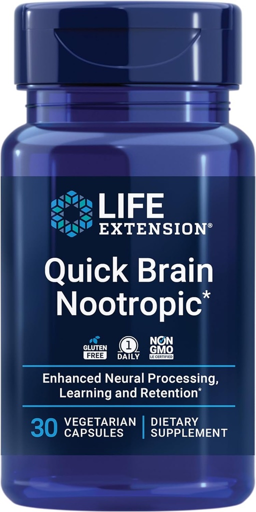 Extensión de la vida Quick Brain Nootropic, Fast Thinking, Learning, Concentration, Lutein, zeaxanthin, gotu kola, bacopa, Gluten Free, Non-GMO, Vegetarian, 1 Daily, 30 Capsules