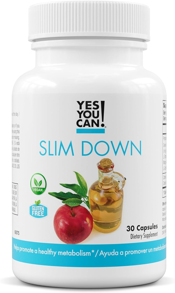 ¡Sí puedes! Suplementos dietéticos Slim Down - con mango africano, L-Carnitina, vinagre de manzana, extracto de té verde y cafeína derivado del extracto de semilla de Guarana, 30 cápsulas/1 mes de suministro