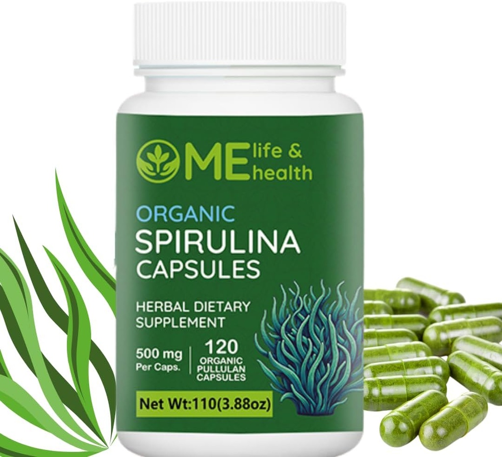 ME LIFE & HEALTH Spirulina Capsules, 100% Orgánica Powder (120 ct) 500mg Rica en Proteína, vitamina A, Antioxidantes B12 &amp; Vitaminas, Vegan, Natural y Pura spirulina No GMO &amp; Gluten Gratis