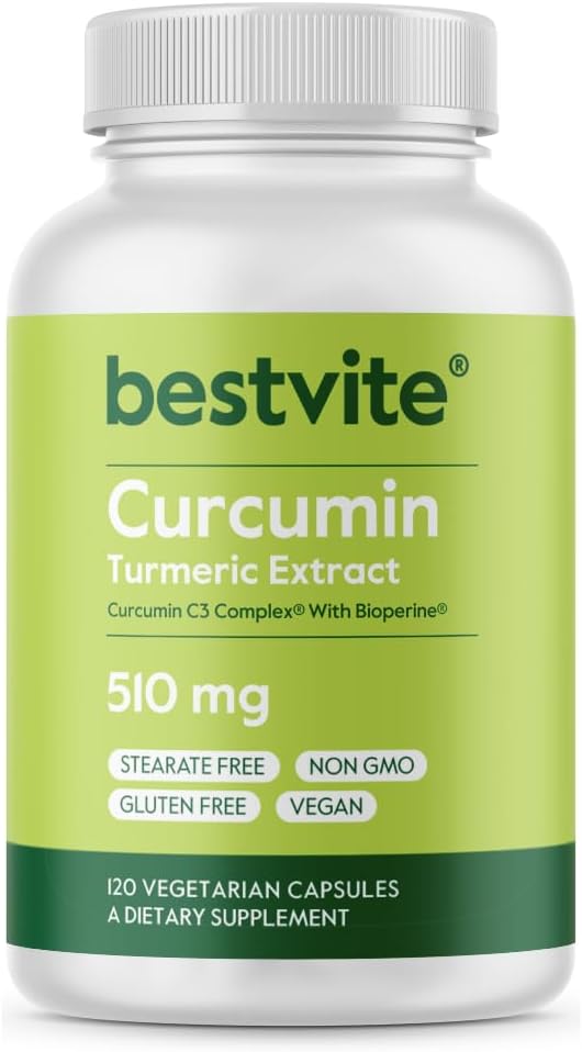 BESTVITE Curcumin 510mg (Turmeric)(120 Vegetarian Capsules) with Curcumin C3 Complex & Bioperine - Standardized to 95% Curcuminoids - No Stearates - Vegan - Non GMO - Gluten Free