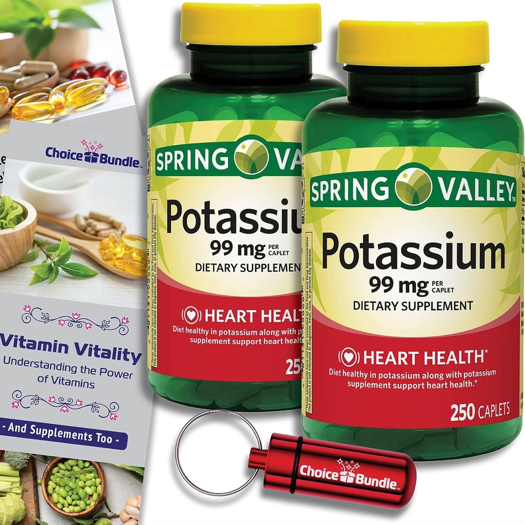 Elección Bundle Spring Valley Potassium Heart Health Dietary Supplement Caplets 99 mg 250 CT 2 pk (500 Total) + “Vitamin Vitality” Guide " Keychain Pill Container (4 items)!