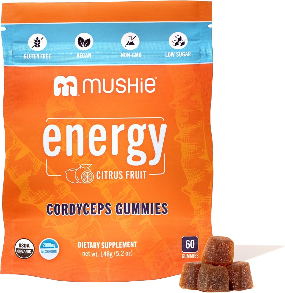 Mushie 100% Organic Cordyceps Mushroom Gummies - 2000mg Cordyceps Militaris Nootropic for Energy &amp; Immune Support with Vitamin D - Vegan, Gluten-Free - 60 Count
