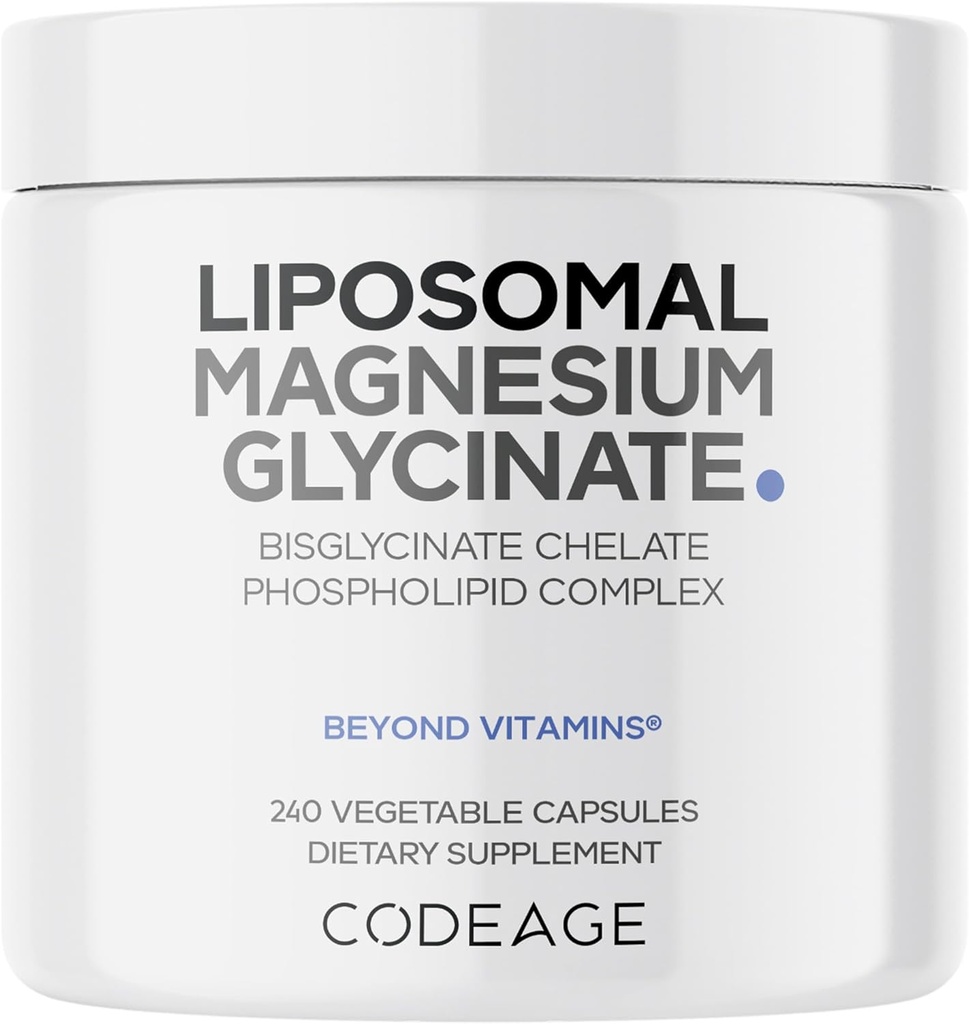 Codeage Liposomal Magnesium Glycinate Supplement, 2-Month Supply, Bisglycinate Magnesium Chelate, Chelated Magnesium Mineral Pills, BioPerine Black Pepper Vitaminas Capsules, Non-GMO Vegan, 240 ct