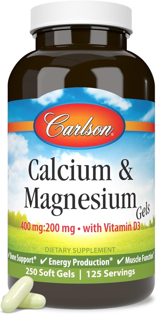 Carlson - Calcio &amp; Magnesio Gels, 2:1 Calcio a Magnesio Ratio, 200 mg Suplemento de calcio, 100 mg Suplemento de magnesio, Soporte de huesos, Producción de energía, 250 Softgels