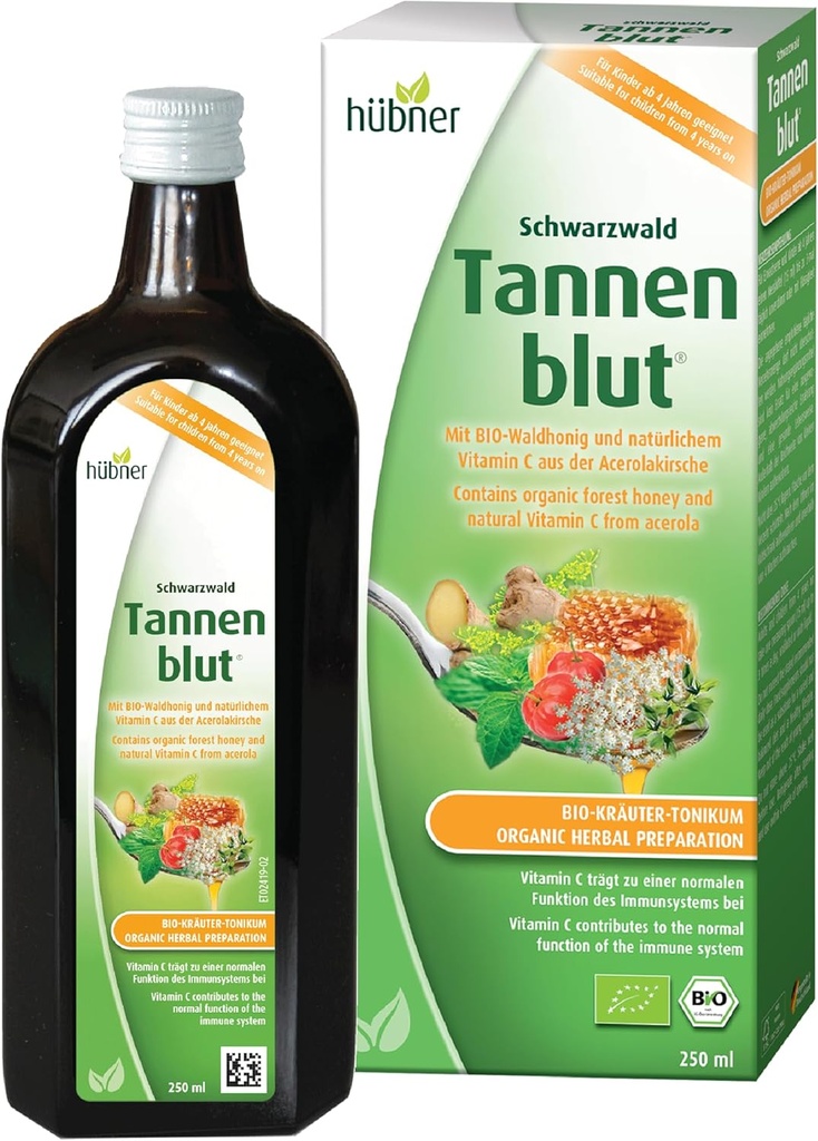 Hubner Tannenblut Preparación de hierbas orgánicas, jarabe de tos de miel, soporte de garganta fría y suave, alivio calmante, suplemento de vitamina C para adultos y niños 4 y mayores, Kosher y libre de alcohol, 250 ml