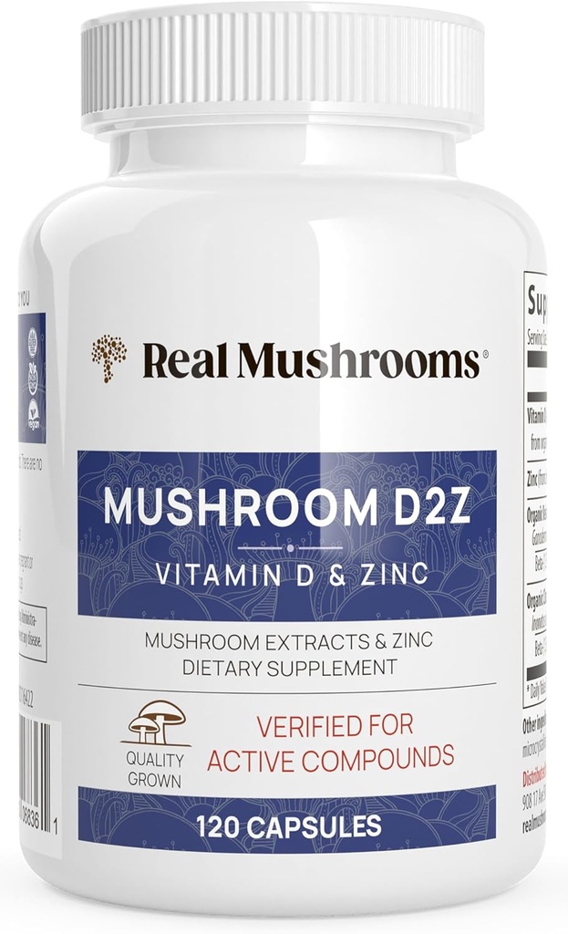 Mushrooms reales Cápsulas de zinc y vitamina D2 – con extractos orgánicos Chaga y Reishi Mushroom – Vitaminas para el bienestar general – Vegan, No GMO, Libre de gluten – 120 Conde Suplemento de setas