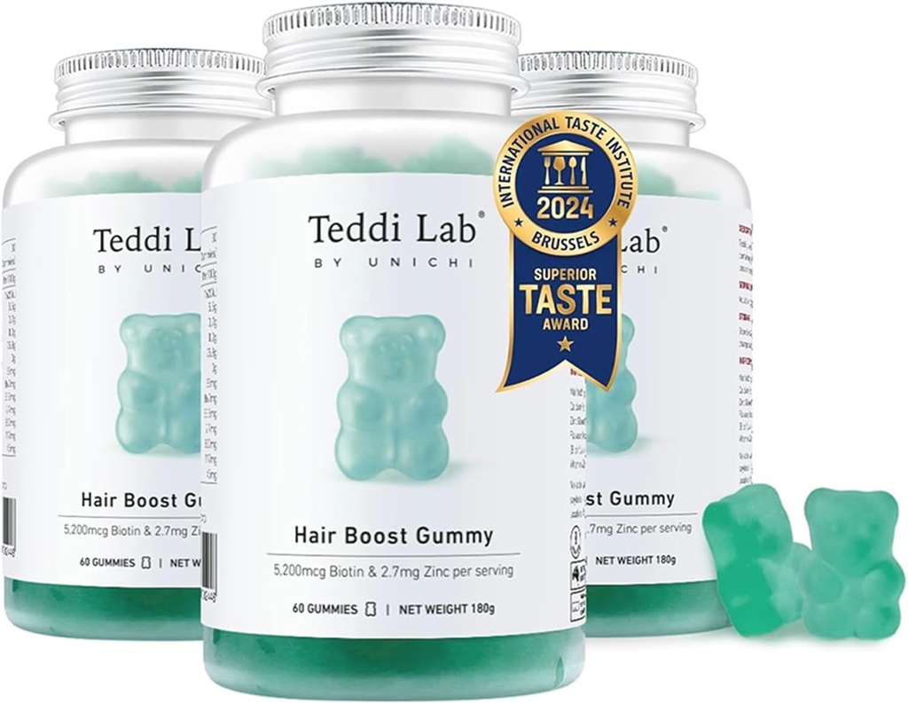 Unichi Hair Growth Gummies 3-Pack, 5200mcg Biotin Formulado con zinc, ácido pantoténico y vitamina A, C, E para el cabello más fuerte y delgado para las mujeres, (180 Cuenta)