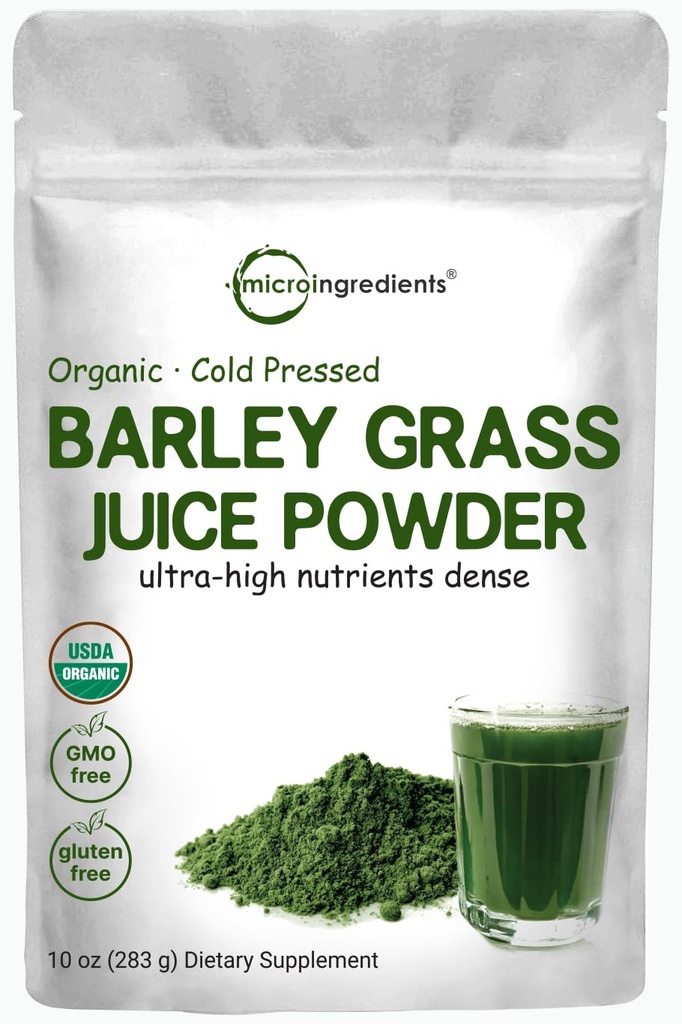 Micro Ingredientes Pólvora de cebada orgánica Polvo de jugo, 10 onzas, Frío Presionado, US Grown, Rich in Immune Vitamin, Fibras, Minerales, Antioxidantes y Proteína, Sistema de apoyo y digestión, Vegan