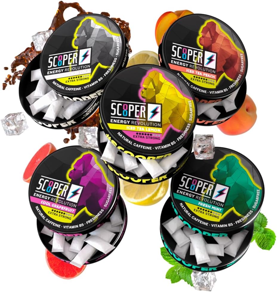 Scooper Energy I 5 latas I All-in-One-Box I Energy Pouches Sugarfree I 80 mg Natural Caffeine All Flavour Pack I 12 Pouches I Cool Grapefruit, Fresh Mint, Iced Cola, Iced Peach &amp; Lemon Tea