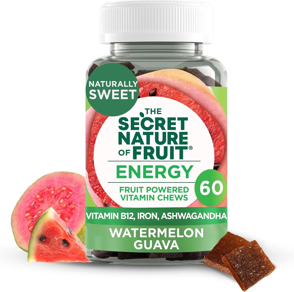 The Secret Nature of Fruit Energy Chews, Real Fruit Powered Vitamin Chews with Vitamin B12, Iron, Ashwagandha, Watermelon &amp; Guava for Long Lasting Energy (60 Count), Pink