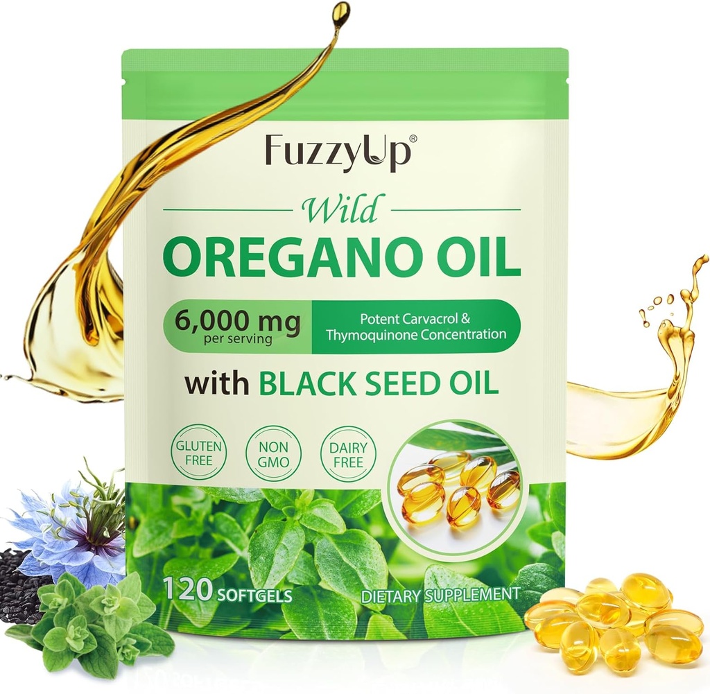 Oregano Oil Capsules, 2 en 1 6000mg Oil of Oregano with Black Seed Oil 200mg, Oil of Oregano Softgels 120 Cuenta, Orgánica Oregano Oil Capsules, Immune Support, Non-GMO, Dairy-Free, Gluten-Free