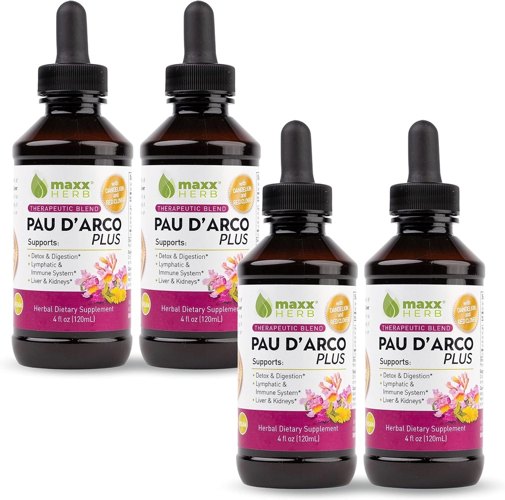 Maxx Herb PAU D’Arco Extracto con Dandelion Root & Red Clover Therapeutic Blend, PAU Darco Tincture Absorbs Better Than Taheebo Tea o Capsules, para Immune Support, 4 Botellas (240 Servimientos)