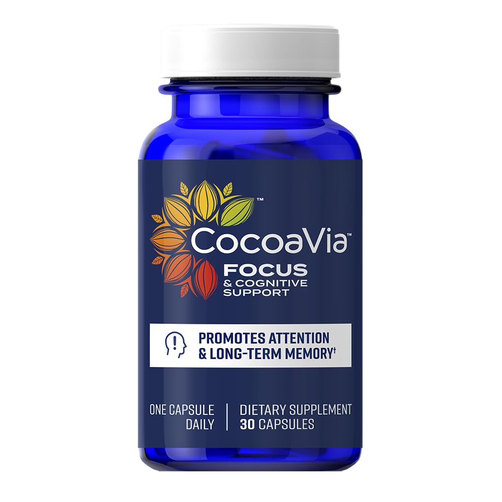 CocoaVia Memory & Focus Brain Supplement, 30 Day, Cocoa Flavanol Blend, Lutein, Añadido Caffeine for Boost. Mejorar la función cognitiva, Atención, Vegan &amp; Plant Based, 30 cápsulas