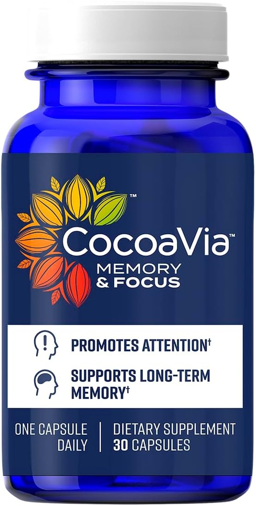 CocoaVia Memory & Focus Brain Supplement, 30 Day, Cocoa Flavanol Blend, Lutein, Added Caffeine for Boost. Improve Cognitive Function, Attention, Vegan & Plant Based, 30 Capsules