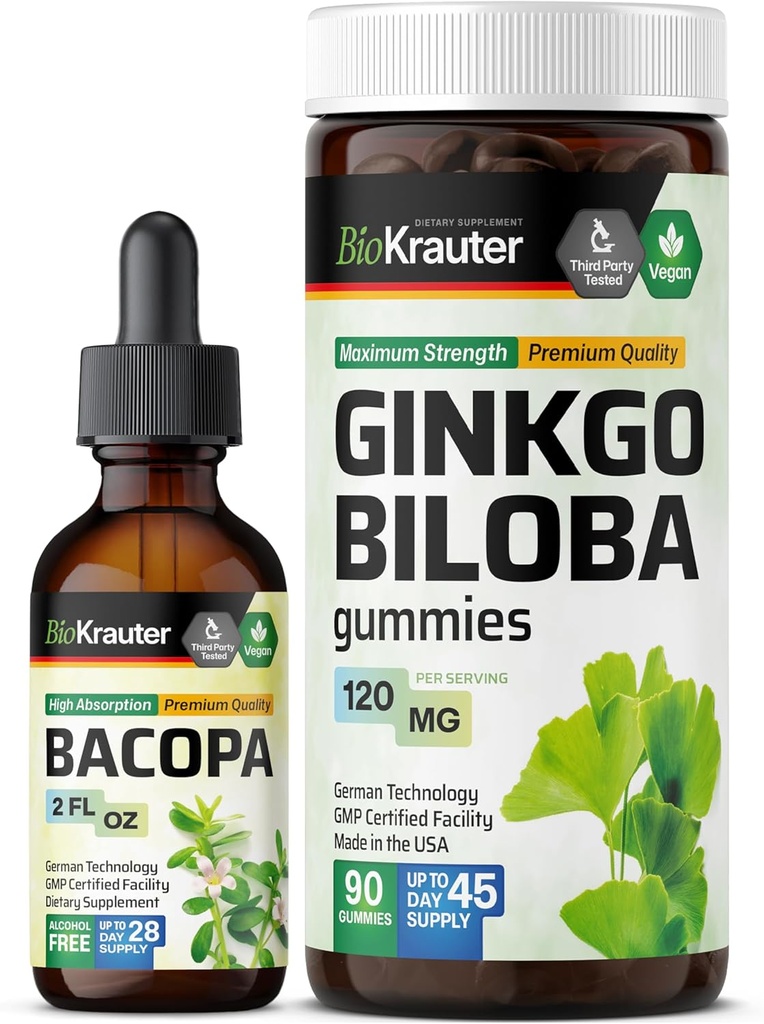 BIO KRAUTER Bacopa Tincture 2 Fl. Oz. & Ginkgo Biloba 90 Gummies