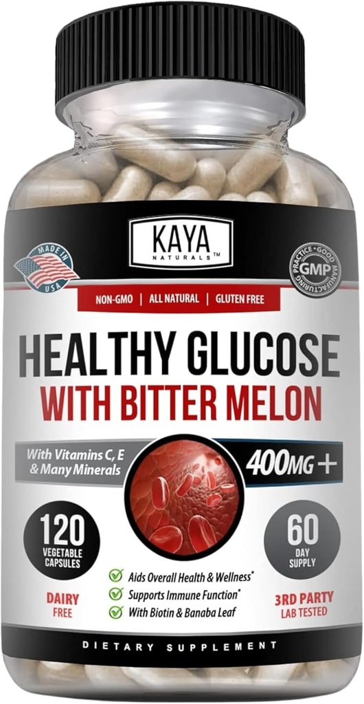 Kaya Naturals Gluco saludable con suplemento de Bittermelon Apoyo Niveles y Función saludables, 20 hierbas Vitaminas y Minerales, Acide de Lipoico alfa, Canela, Vitamina C &amp; E, No GMO (120 Conteo)