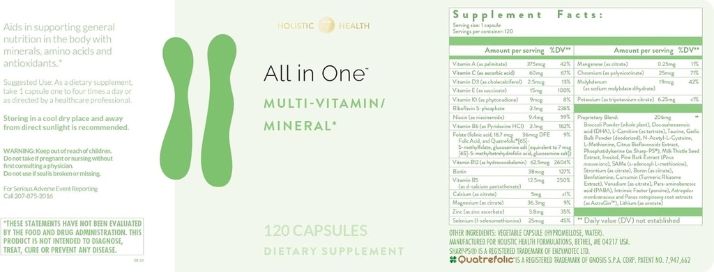 Salud Holística Todo en ONE Multi Vitamina y Mineral para el Boosto Antioxidante, Suplemento de Minerales Multi para apoyar la metilación y la inmunodeficiencia, 120 cápsulas