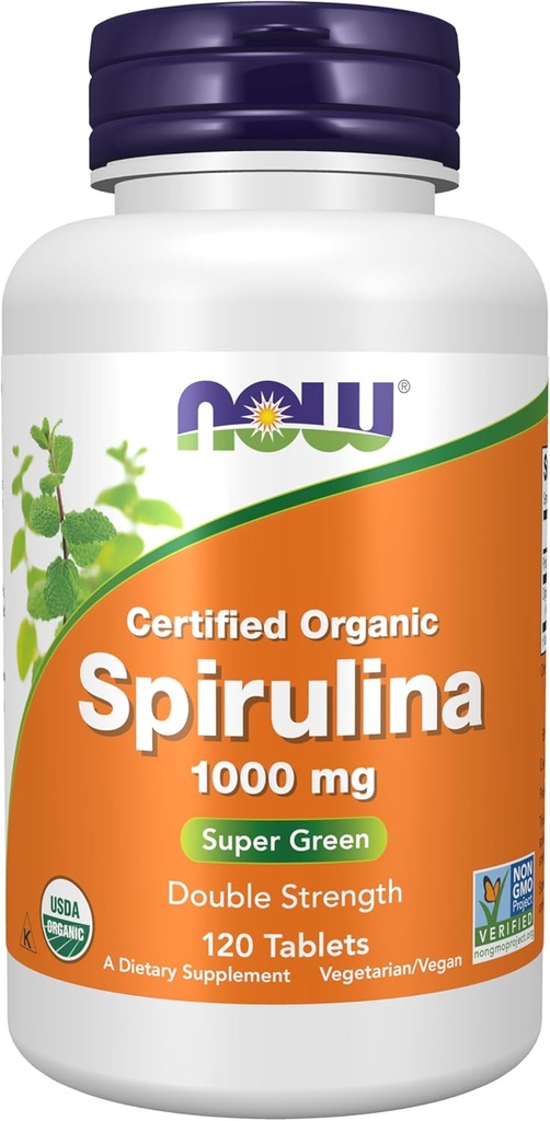 AHORA Suplementos Alimentarios, Orgánica Certificada, Espirulina 1000 mg (Fuerza Doble), Rico en Beta-Caroteno (Vitamin A) y B-12 con GLA natural, 120 Tabletas