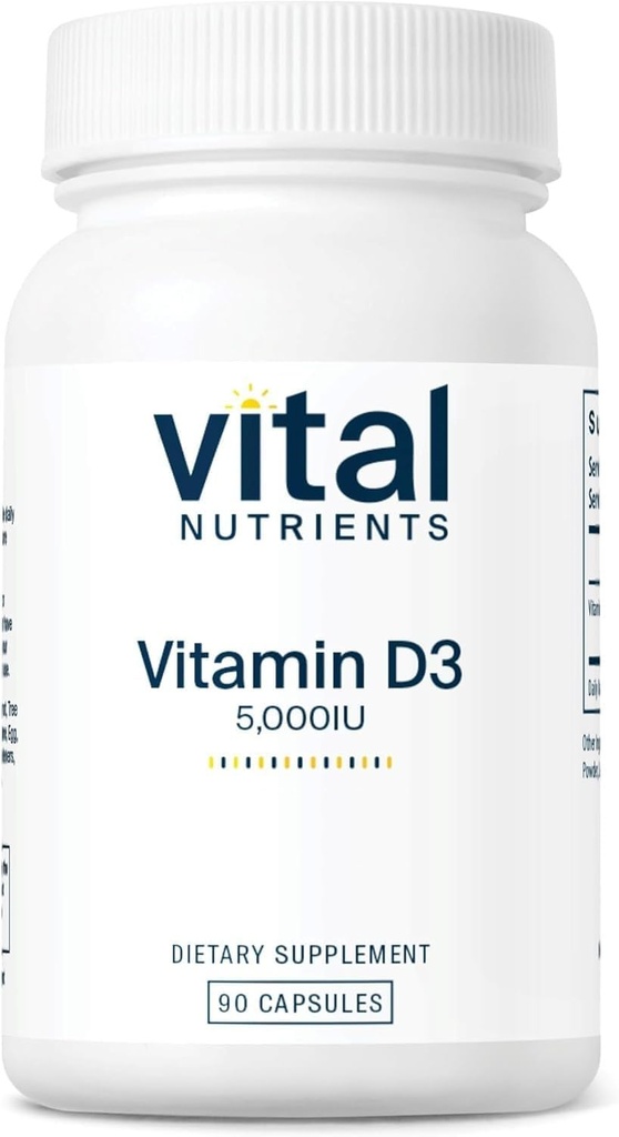 Nutrientes Vitales Vitamina D 5000 UI ← Vitamina D3 Suplemento Silencio Huesos Saludables, Dientes, Musculos* Anterior Función Celular &amp; Inmunitaria TEN Calcium Absorption TEN Gluten, Dairy and Soy Free TEN 90 Capsules