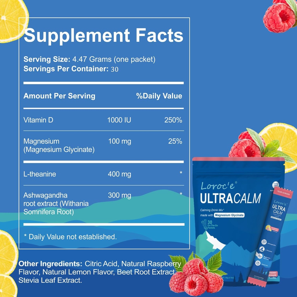 UltraCalm Super Cortisol Drink, Calm Magnesium Glycinate Powder (30 Servings), L-theanine, Ashwagandha, Vitamina D, No Sugar, Raspberry Lemonade Electrolytes Powder-1