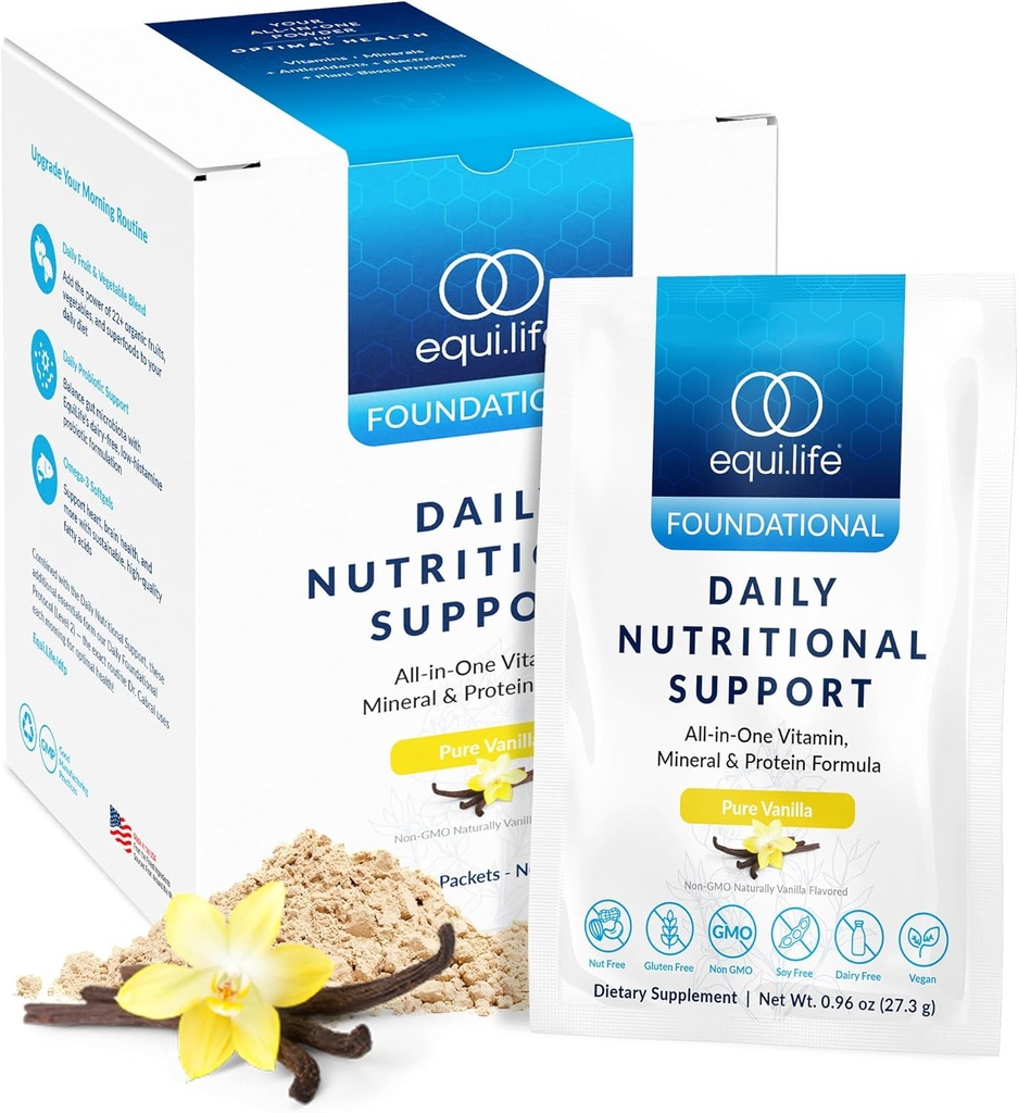 Equilife Daily Nutritional Support, All-in-One Multivitamin Meal Replacement, Pure Vanilla Flavor, 15G Plant Protein, Supports Total Wellness Incluido Energía, Digestión, " Skin, 14 Packets